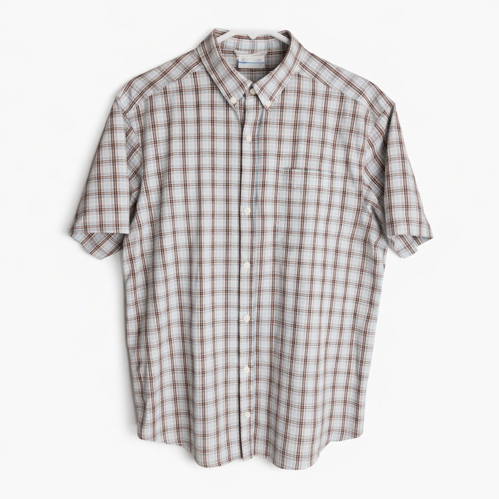 Columbia Plaid Button Down Short Sleeve Shirt Orange Blue Size L